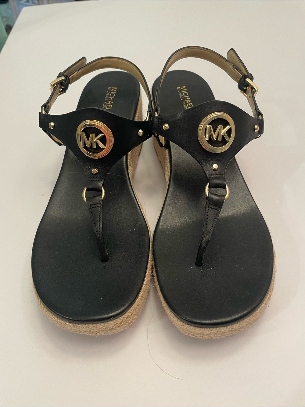Michael Kors Black Leather Wedge Thong Sandals with Gold MK Emblems Size 10